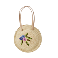 Round Raffia Shoulder Bag Flower Embroidery Rice DK